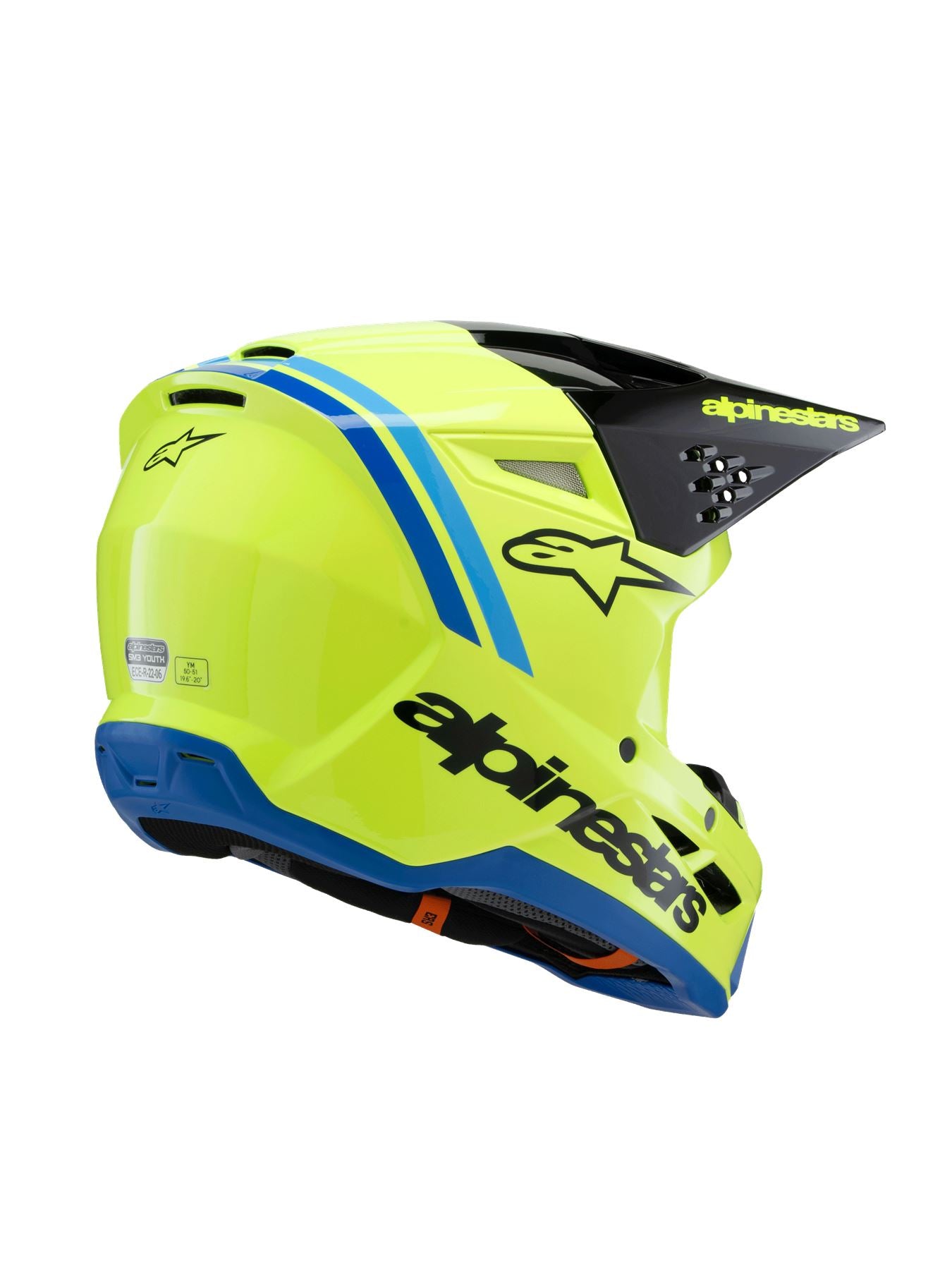 Alpinestars 2025 SM3 Radium Youth Motocross Helmet Yellow Fluo Black Blue Gloss