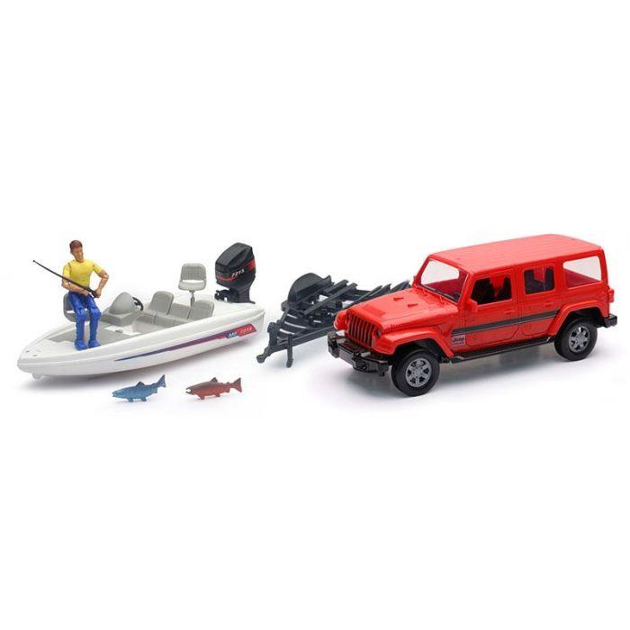 Jeep With Trailer And Fishing Boat Set 1:20 Scale Model Toy