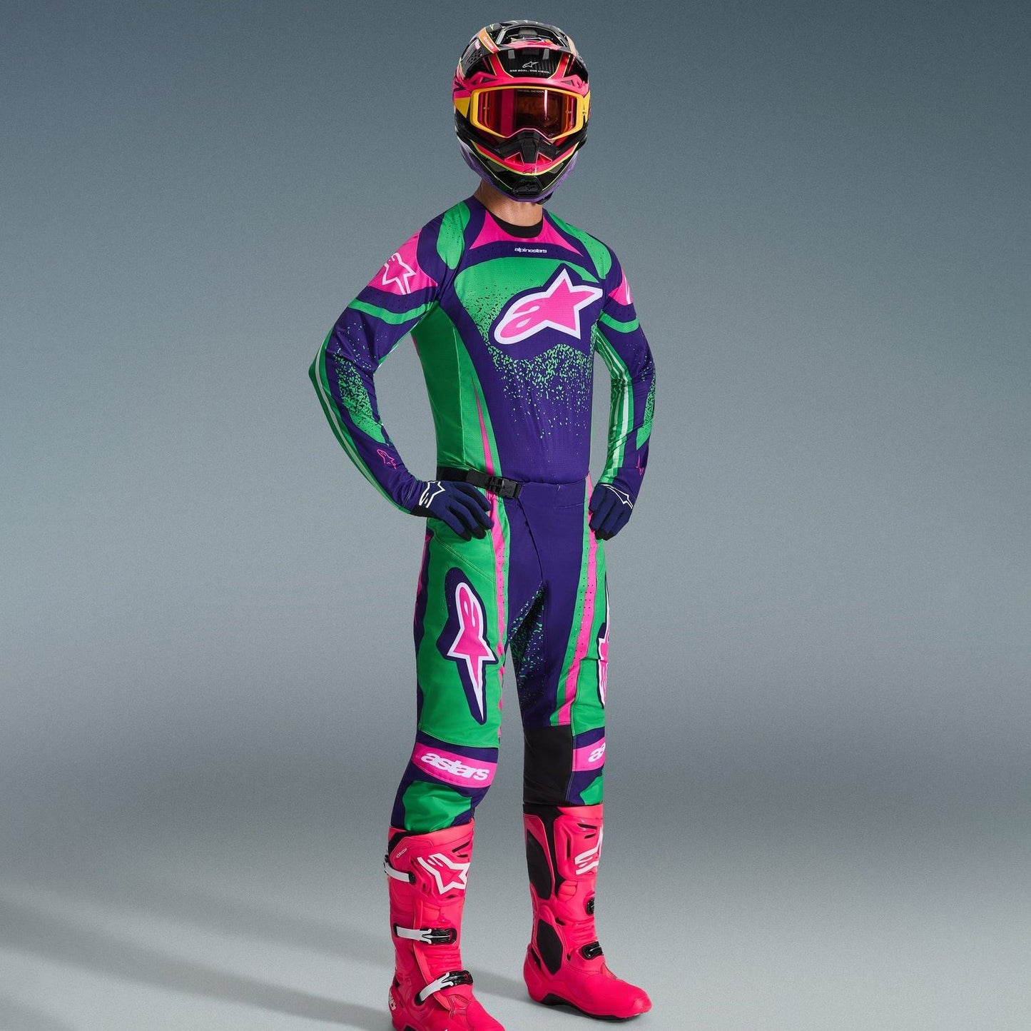 Alpinestars 2026 Techstar Nomur Motocross Combo Kit Deep Purple Green Pink Fluo