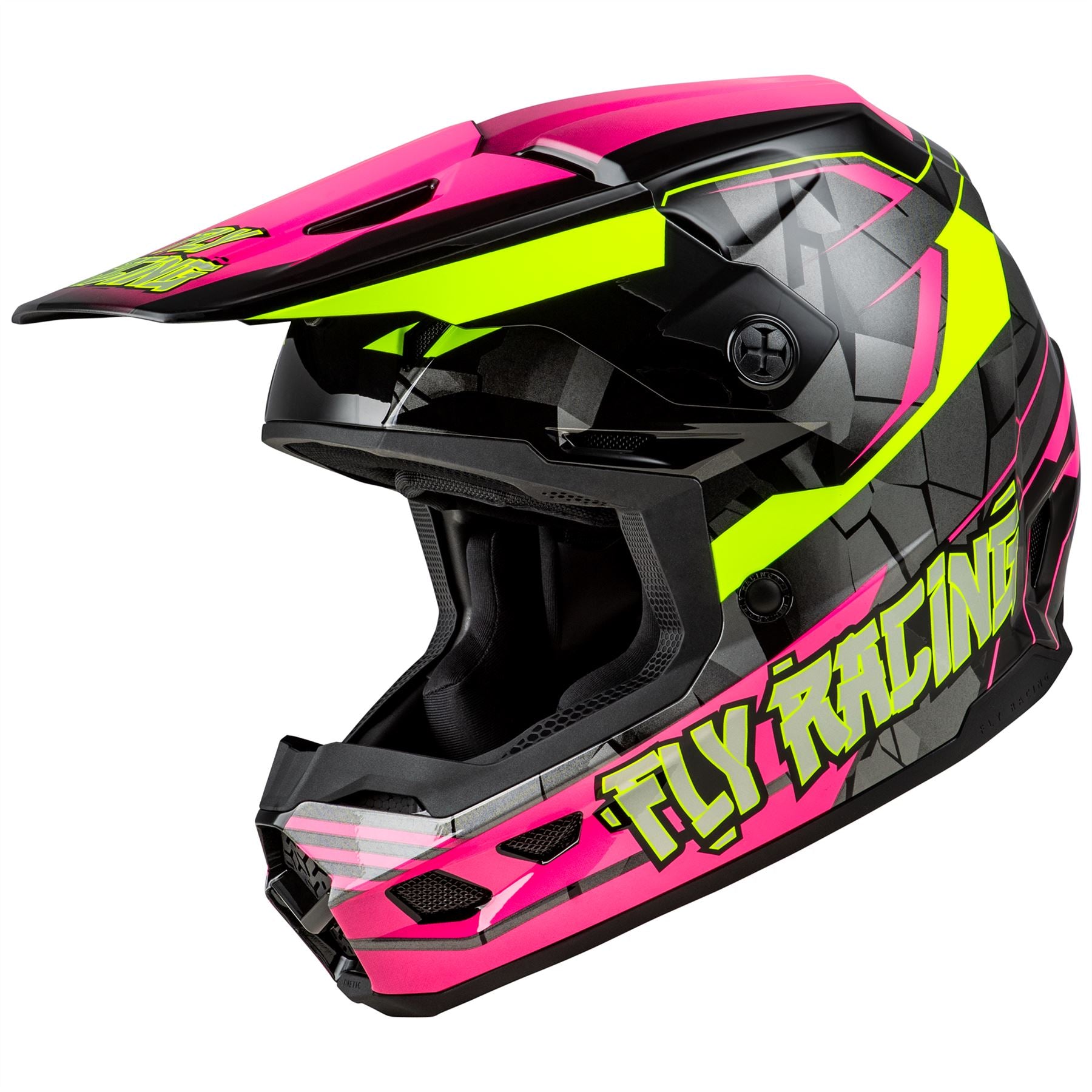 Fly Racing 2025 Youth Kinetic Scorched Motocross Helmet Neon Pink Hi-Viz Black Youth