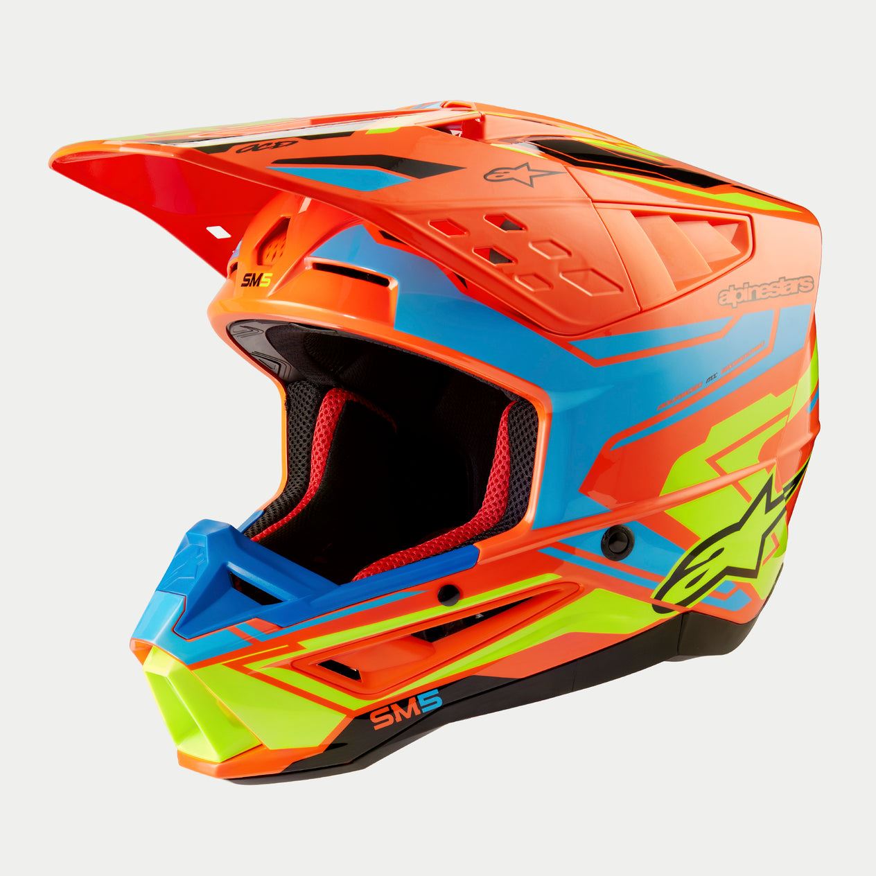 Alpinestars 2024 Supertech SM5 Orange Fluo Cyan Yellow Fluo Glossy Motocross Helmet