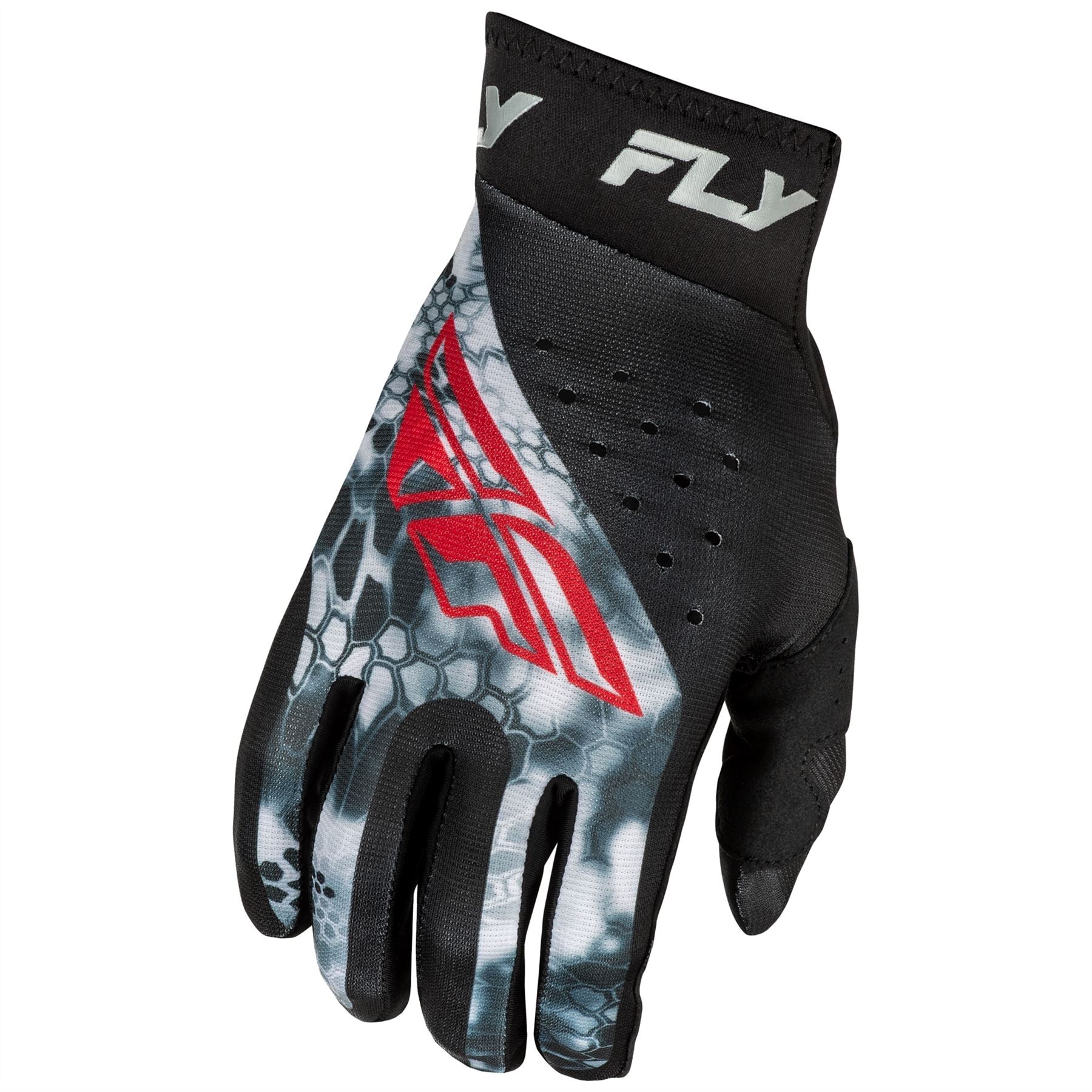 Fly Racing 2025 Pro Lite Kryptek Motocross Gloves Black Red Grey