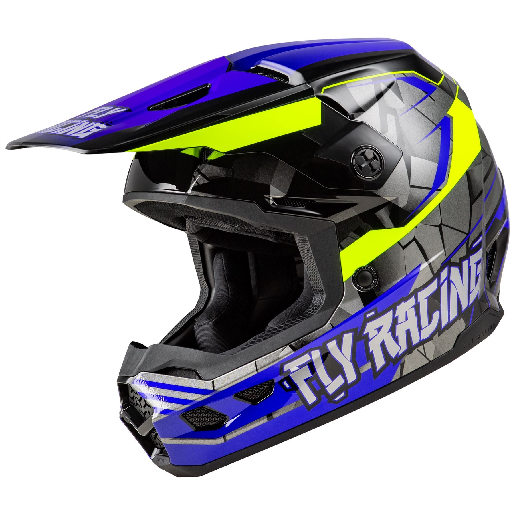 Fly Racing 2025 Youth Kinetic Scorched Motocross Helmet Blue Grey Hi-Viz Youth