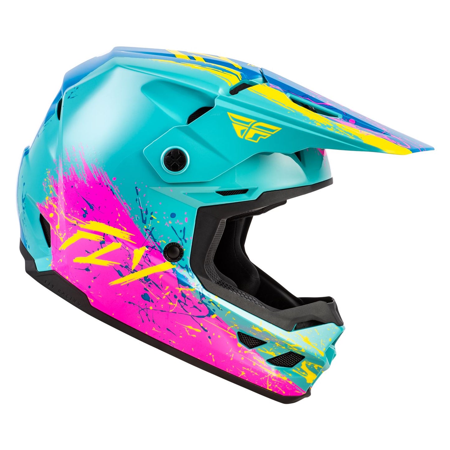 Fly Racing 2026 Motocross Helmet Kinetic Drip youth Turquoise Pink Yellow