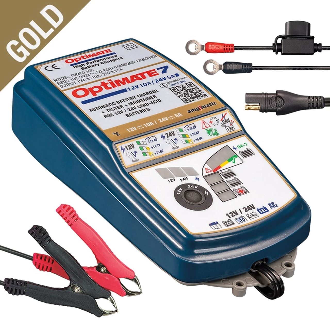 OptiMate 7 12-24V Gold 12V 10A & 24V 5A Battery Charger Optimiser