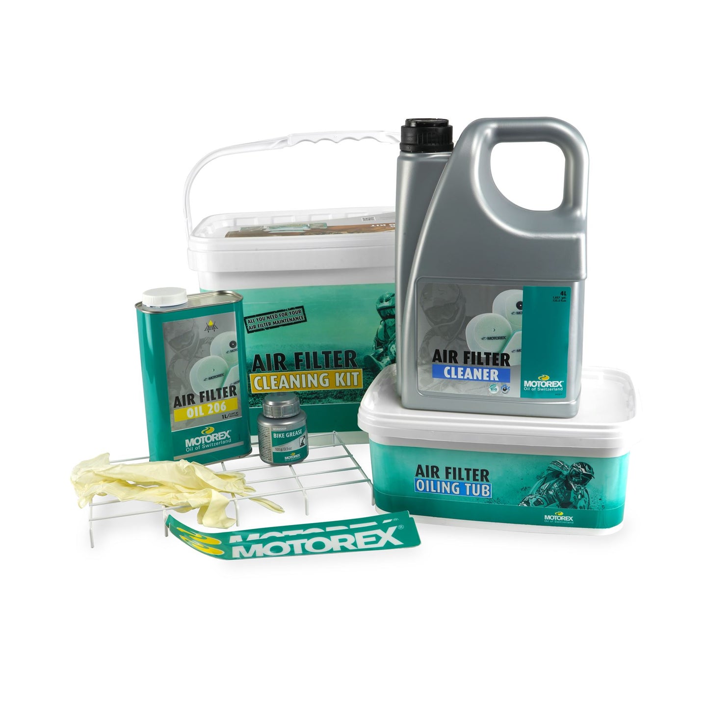 Motorex Air Filter Kit - 206 1L, Bio Clean 4L, 2000 Grease, Tray, Gloves & 2 Buckets
