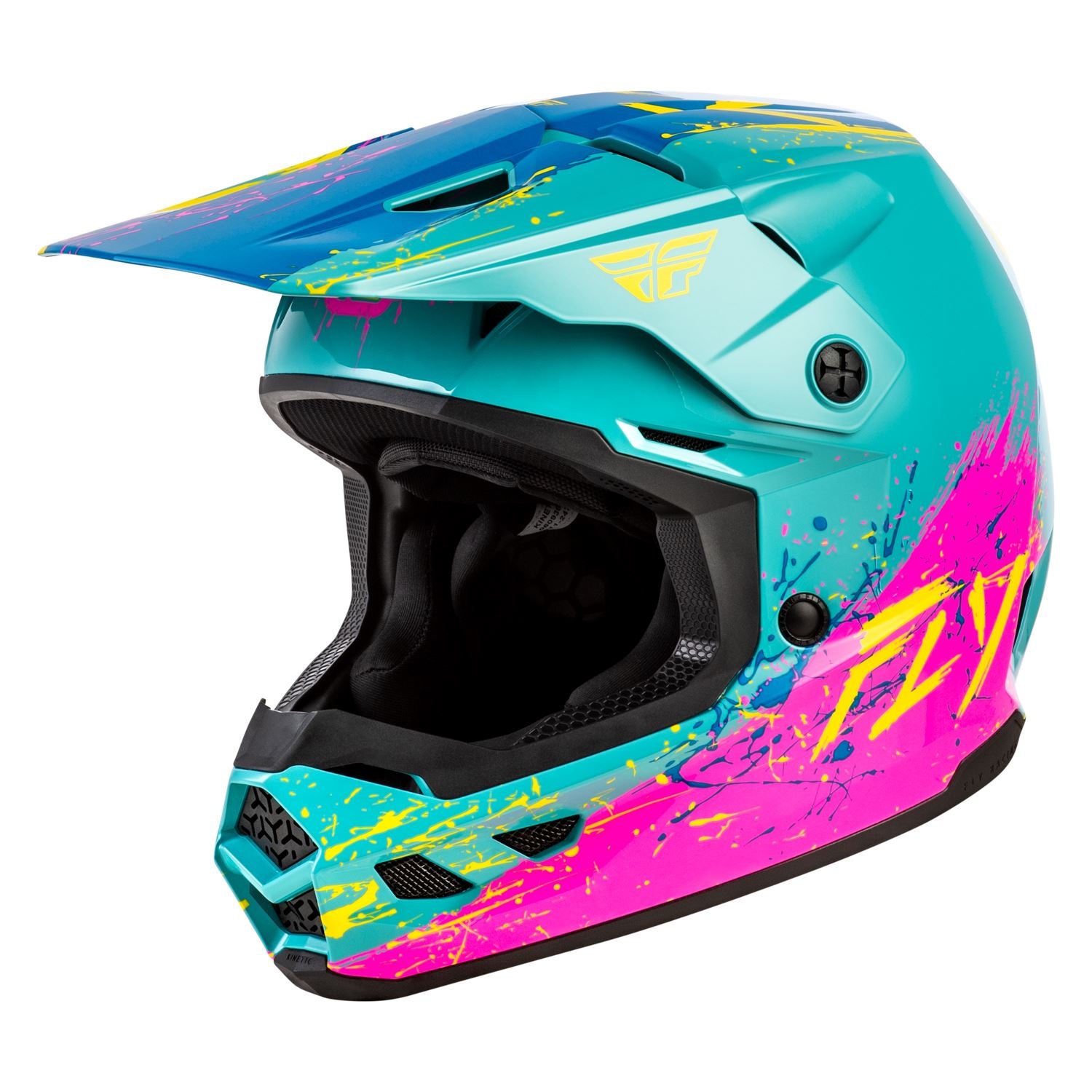 Fly Racing 2026 Motocross Helmet Kinetic Drip youth Turquoise Pink Yellow