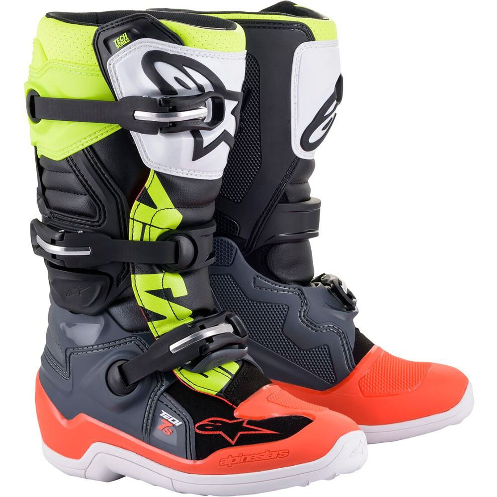 Alpinestars 2026 Tech 7S Youth Motocross Boots Dark Grey Red Fluo Yellow Flou
