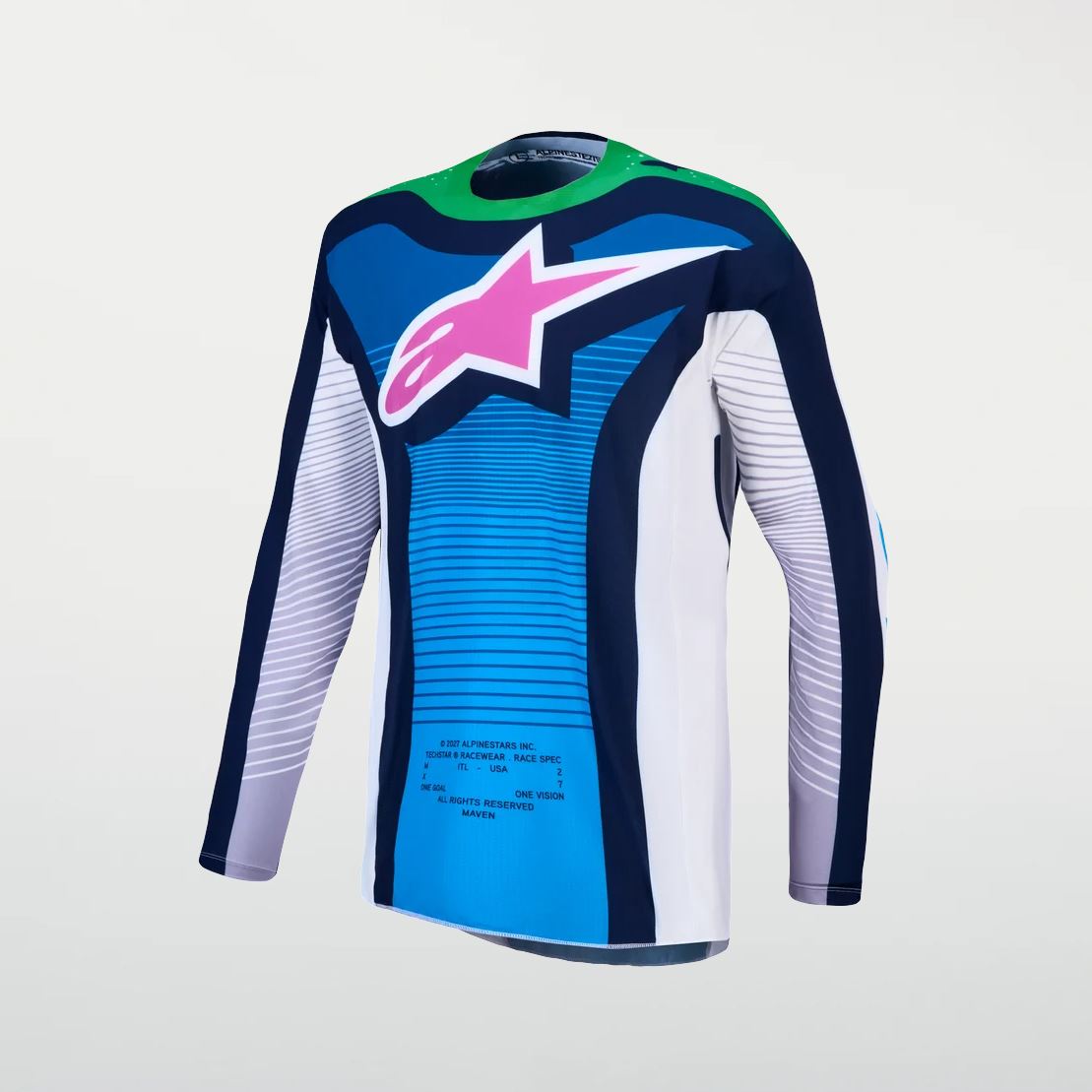Alpinestars 2027 Techstar Maven MX Jersey White Blithe Blue Green Fluo