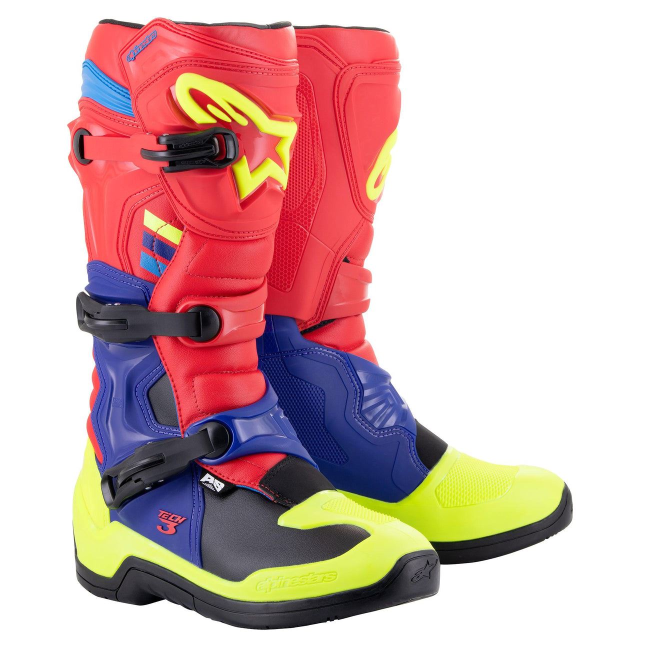 Alpinestars 2026 Tech 3 Motocross Boots Bright Red Dark Blue Yellow Fluo