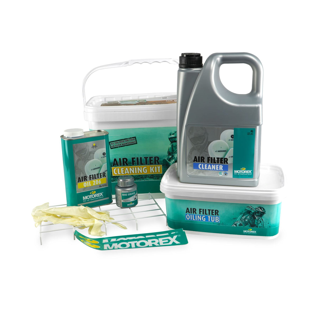 Motorex Air Filter Kit - 206 1L, Bio Clean 4L, 2000 Grease, Tray, Gloves & 2 Buckets
