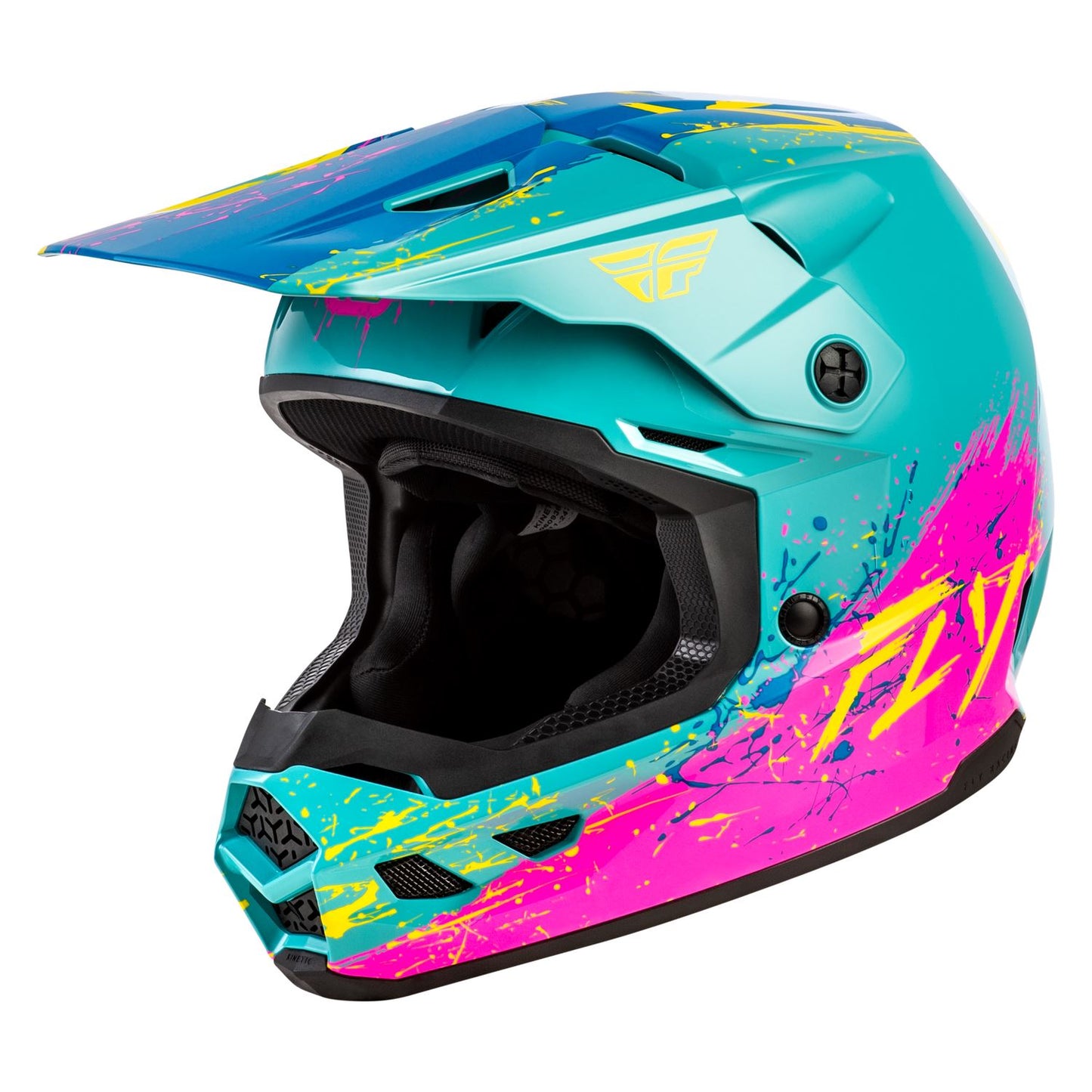 Fly Racing 2026 Motocross Helmet Kinetic Drip youth  Turquoise Pink Yellow